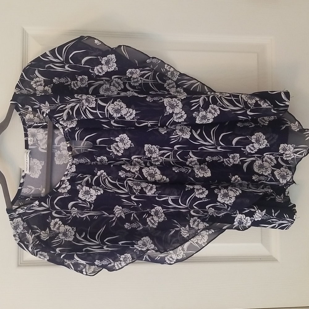 Navy Blue Flowy Blouse with White Flowers Size S